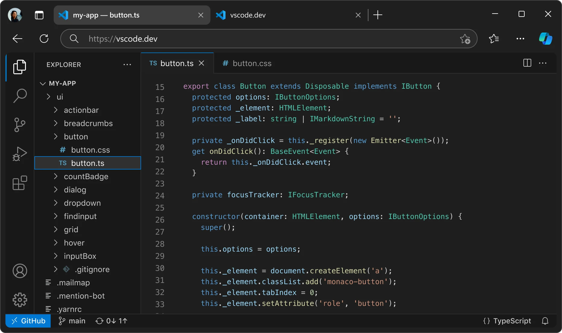 Visual Studio Code interface showing TypeScript and CSS structure